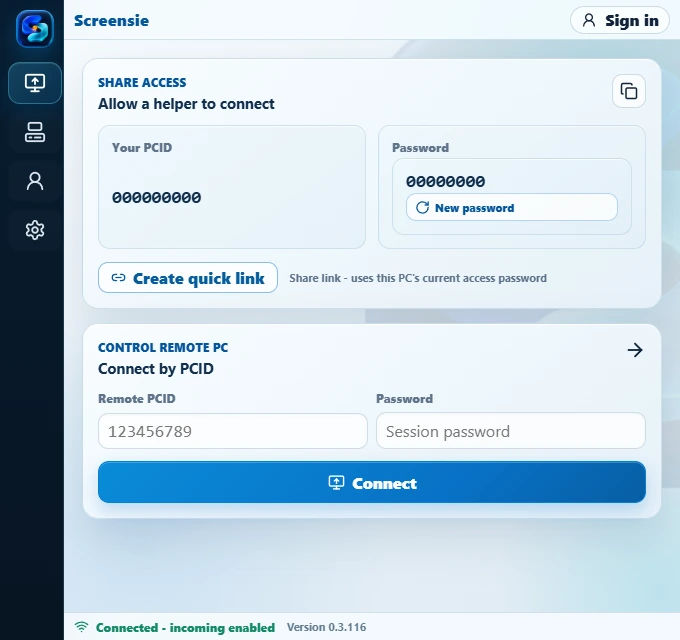 Screensie Client demo. PCID 000000000 and password 00000000 are not usable credentials.