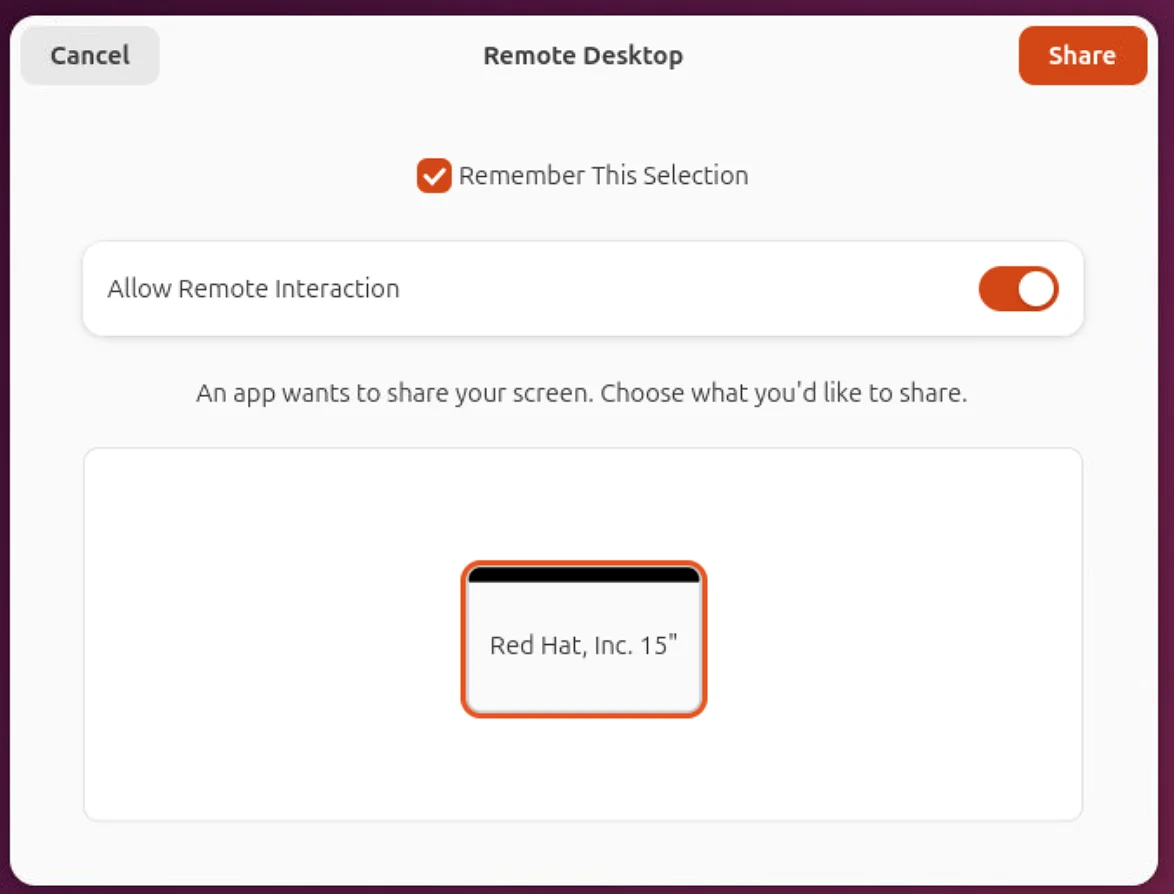 Wayland Remote Desktop permission dialog